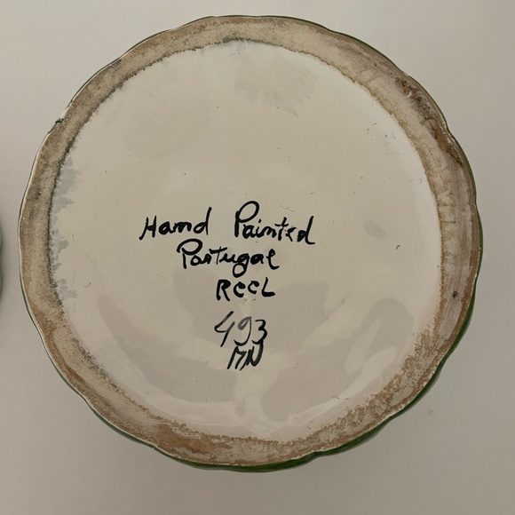 Vintage RCCL Portugal Hand Painted Floral Ceramic Green On White Flower Pot - Picture 9 of 12